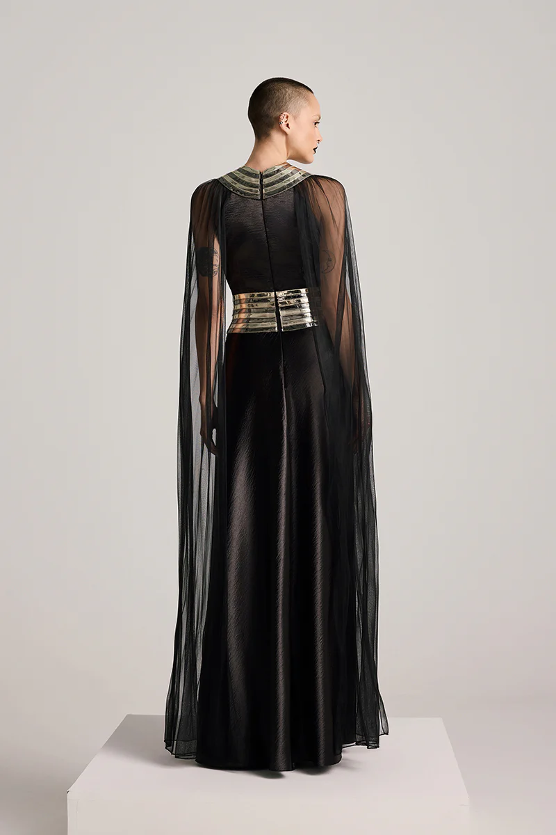 BLACK FALL-PANELLED TEXTURED SATIN GOWN - Image 3