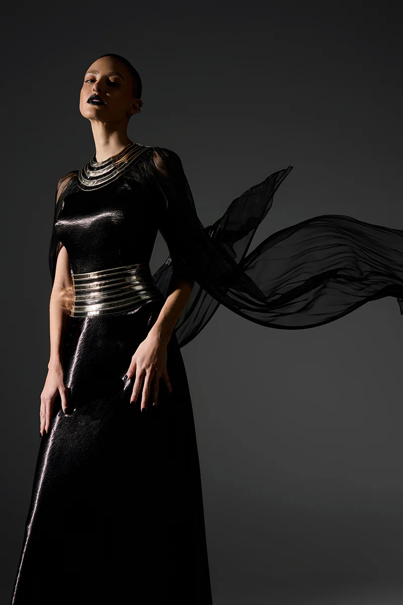 BLACK FALL-PANELLED TEXTURED SATIN GOWN - Image 6