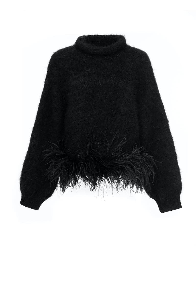 BLACK HIGH-NECK KNIT WOOL SWEATER WITH FEATHER-DETAILING - Image 3
