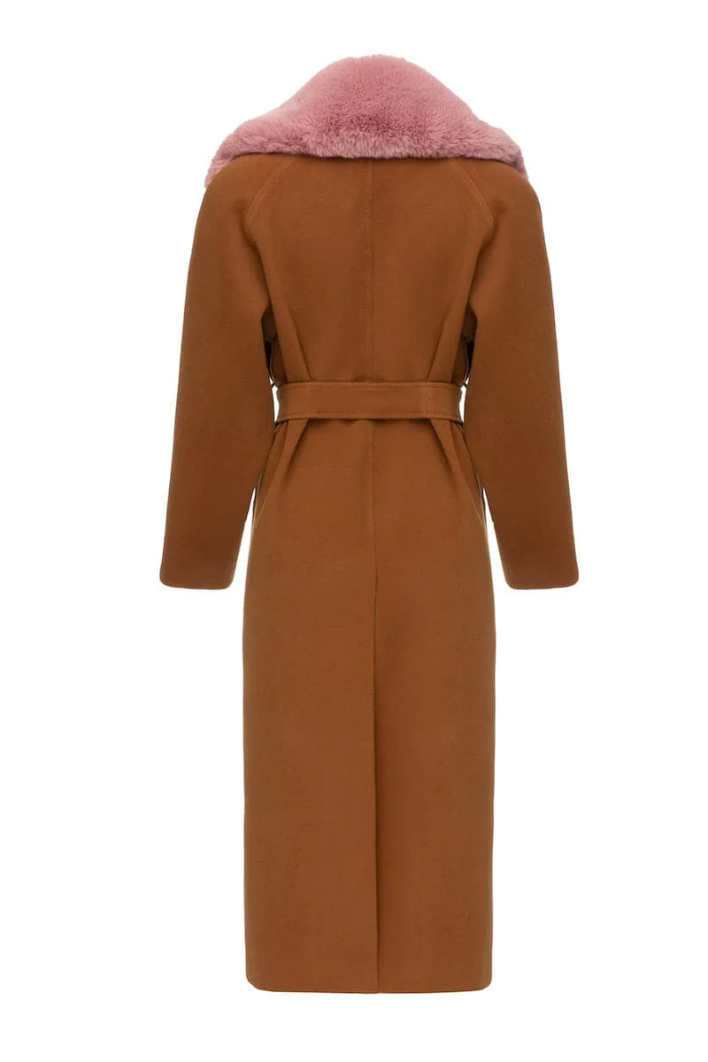 BROWN BELTED WOOL COAT WITH NECK FLEECE - Image 3