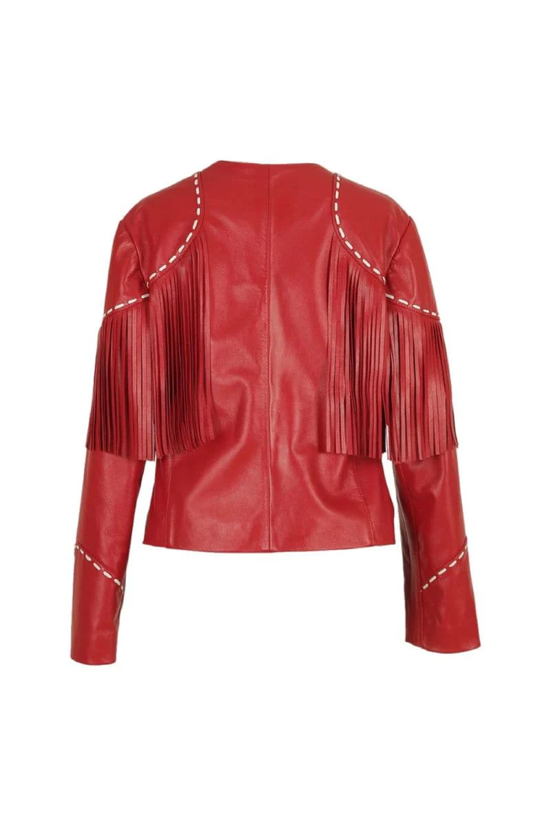 DALIDA RED FRINGED LEATHER JACKET - Image 4