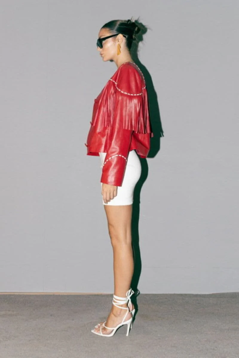 DALIDA RED FRINGED LEATHER JACKET - Image 6