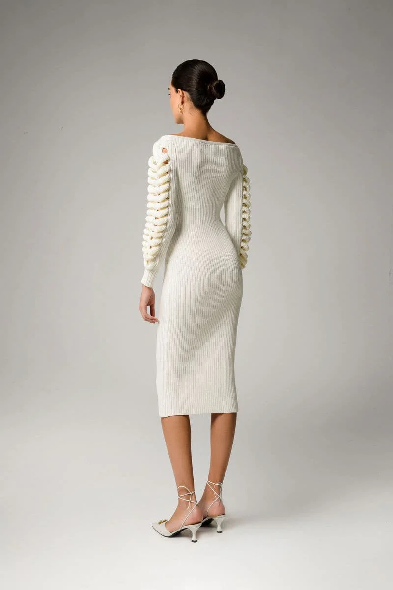 IVORY KNITTED SLEEVE FRINGE MIDI DRESS - Image 3