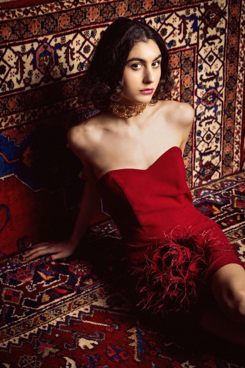 NOUR STRAPLESS 3D FEATHER TRIMMED ROSE CREPE MINI DRESS - Image 3