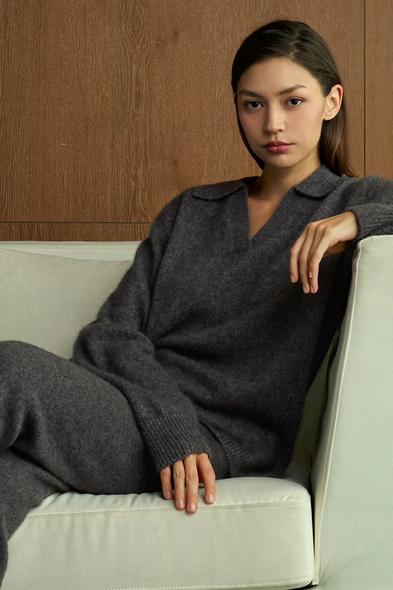 PURITY WOMEN'S POLO KNIT TOP IN GRAY - Image 3