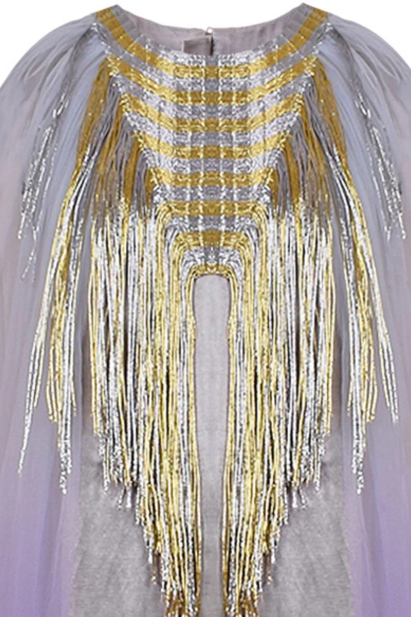 SILVER TRIANGULAR METALLIC TULLE KAFTAN - Image 8