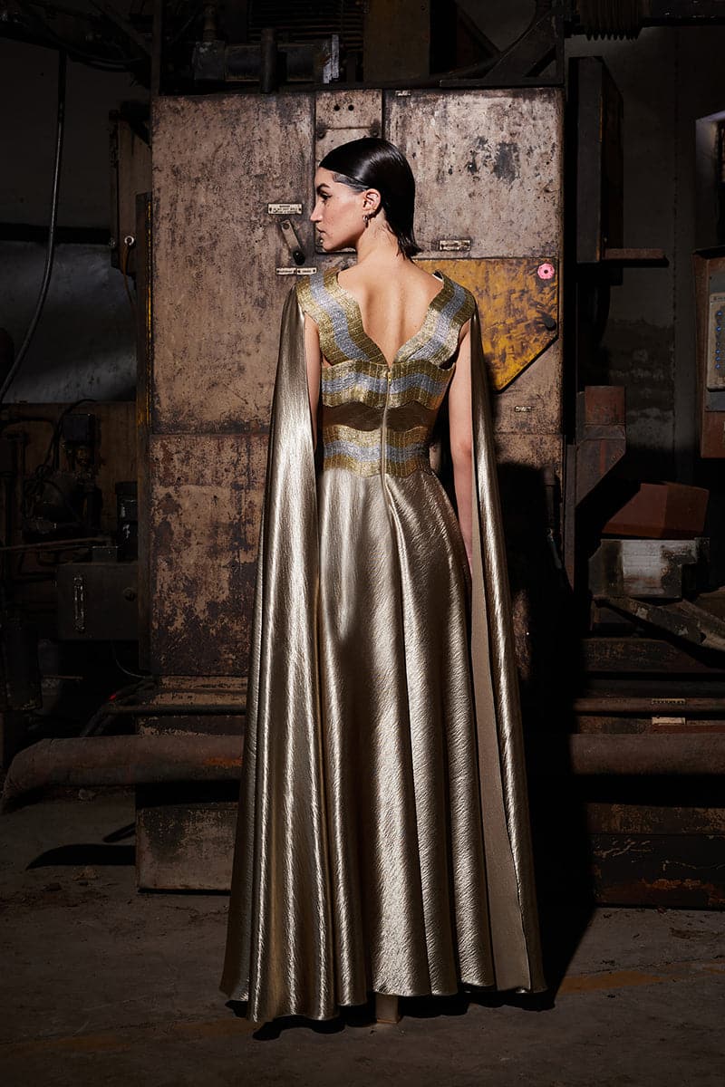 TEXTURED SATIN GOLD KAFTAN GOWN - Image 3
