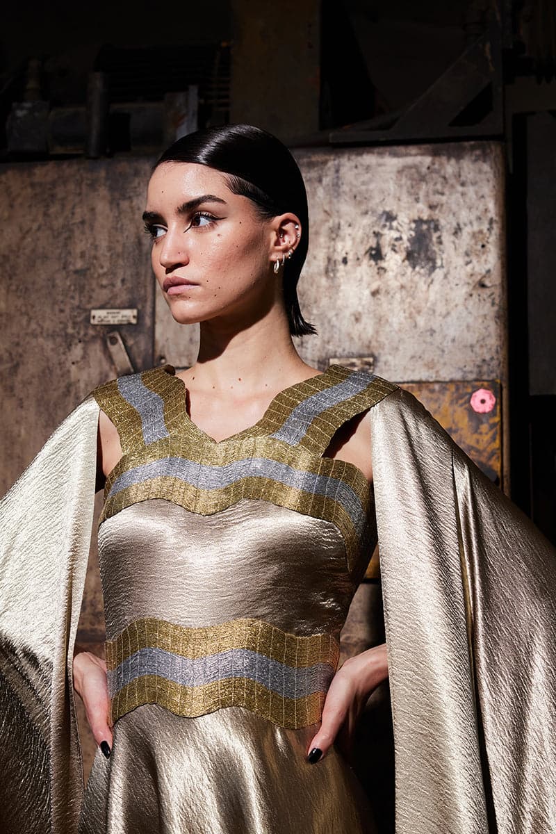 TEXTURED SATIN GOLD KAFTAN GOWN - Image 5