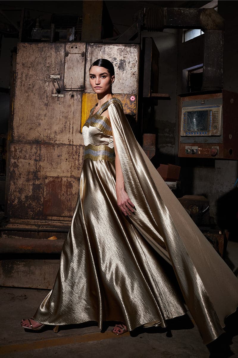 TEXTURED SATIN GOLD KAFTAN GOWN - Image 6