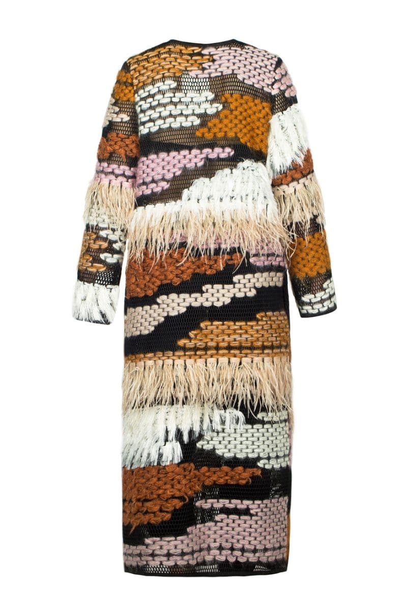 WOOL-BLEND FRINGED LONG-LINE BROWN CARDIGAN - Image 3